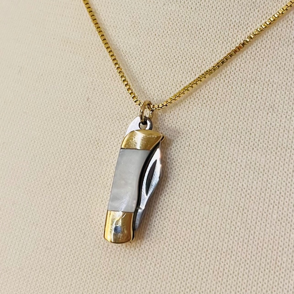 Mother of Pearl Mini Pocketknife Necklace 16” chain